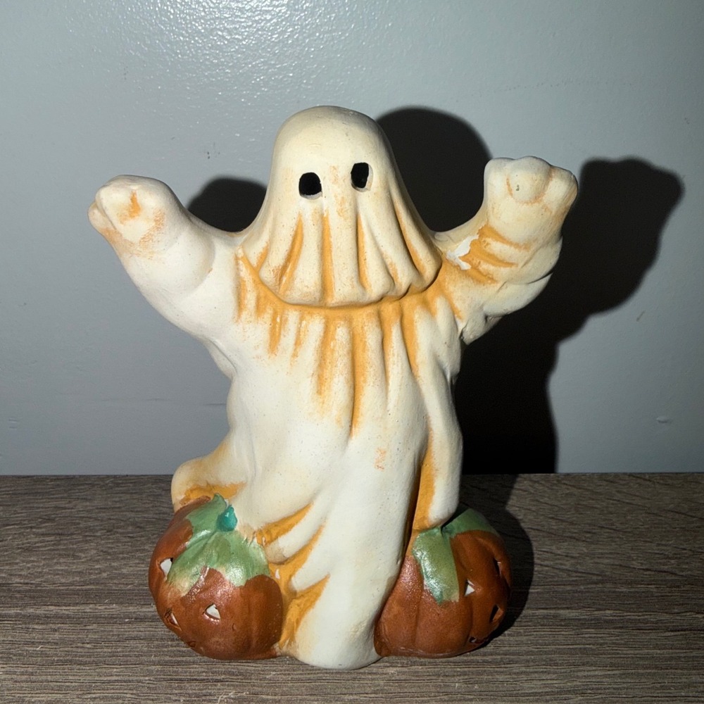 Vintage Ceramic Ghost Figurine Halloween Decor Pumpkin Tea Light Holder 5.5"